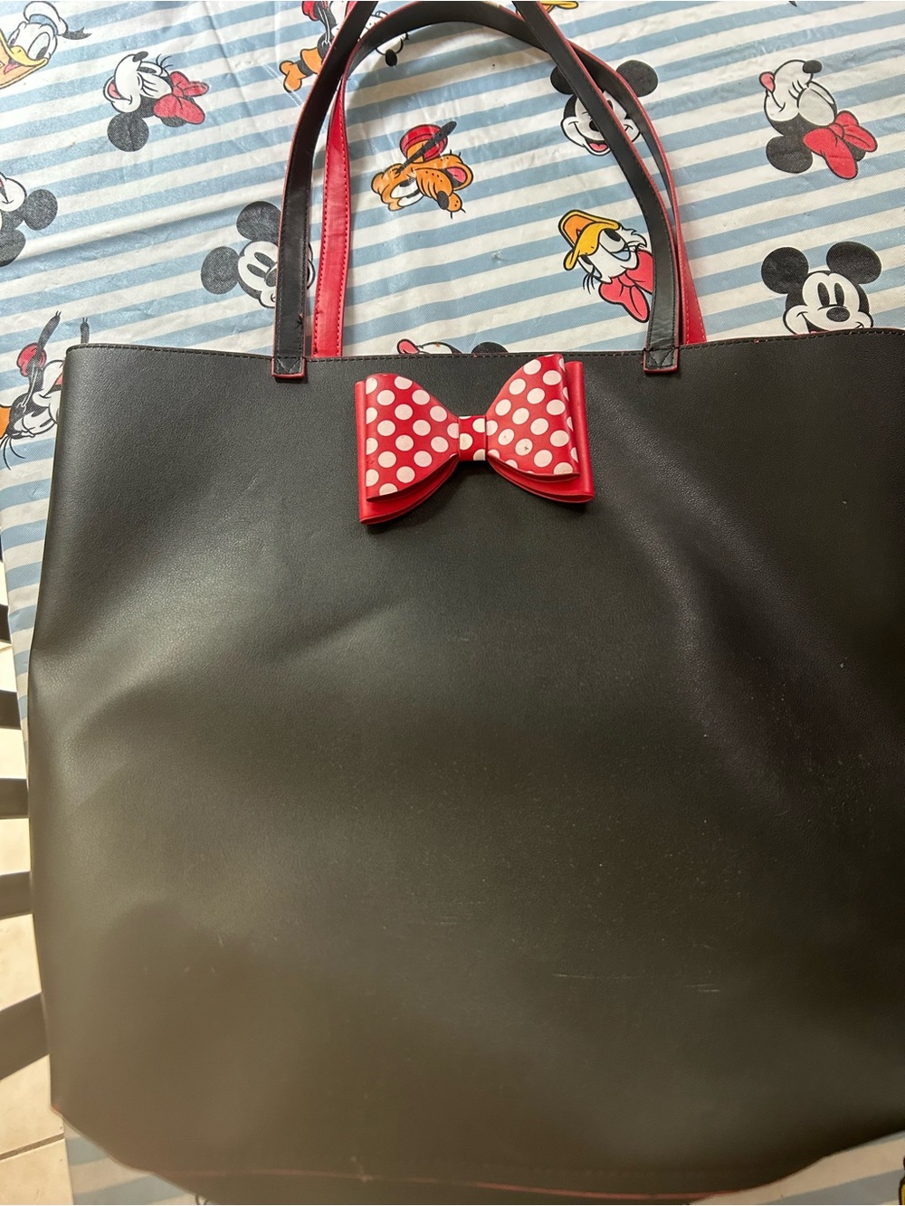 Minnie Mouse Black Tote Bag with Red Polka Dot Bow -reversible with a black bow